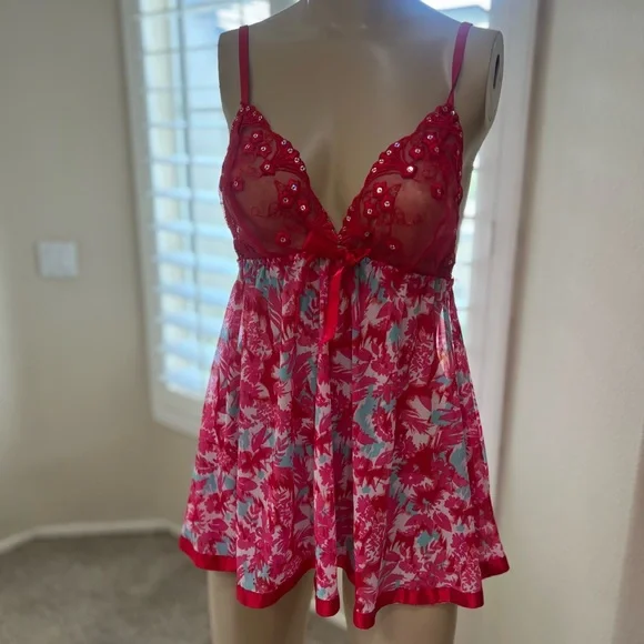 Red Floral Babydoll Sheer Adjustable Strap Slip Nineteen Sexy Sleep Dress Medium - Picture 3 of 11